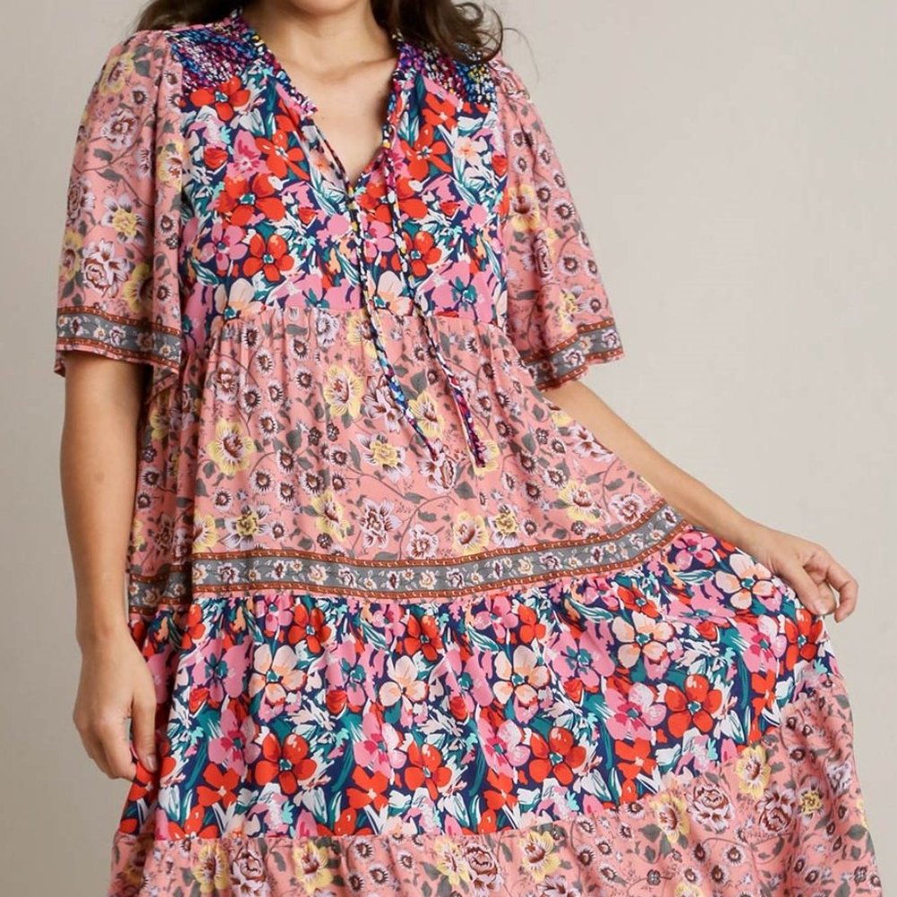 Bohemian Floral Print Maxi Dress - Plus Size XL - Navy Multicolor