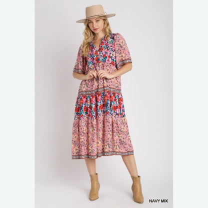 Bohemian Floral Print Maxi Dress - Sizes S/M/L - Navy Multicolor
