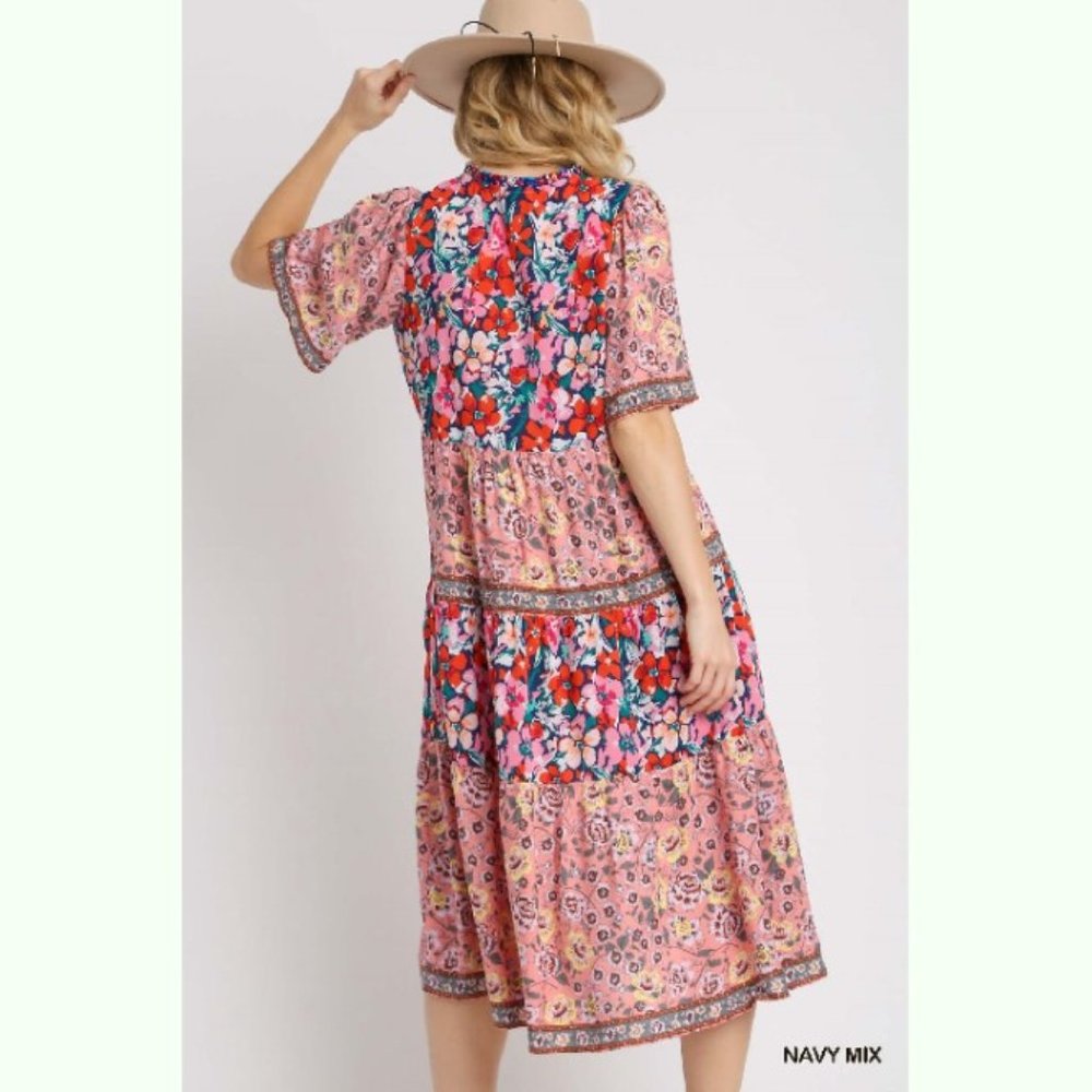 Bohemian Floral Print Maxi Dress - Sizes S/M/L - Navy Multicolor