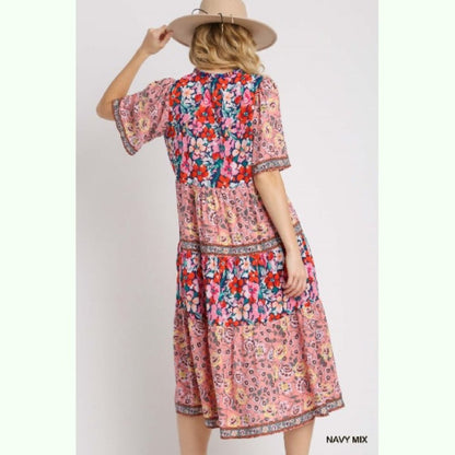 Bohemian Floral Print Maxi Dress - Sizes S/M/L - Navy Multicolor