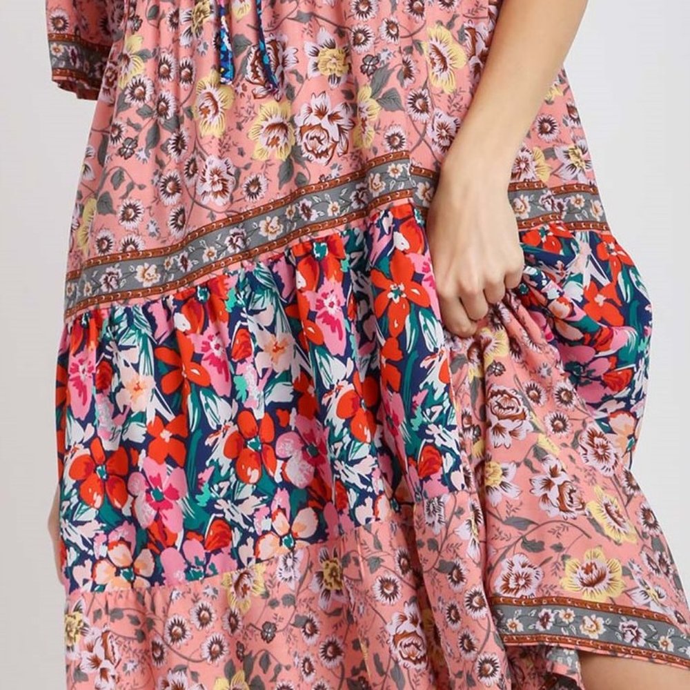 Bohemian Floral Print Maxi Dress - Sizes S/M/L - Navy Multicolor