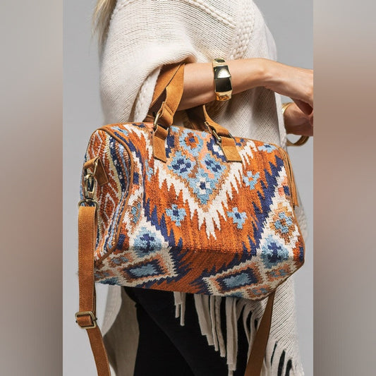 Handwoven Boho Chic Boston Bag / Satchel - Ethnic Navajo Aztec Inspired Design