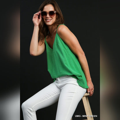 Cute Linen Blend V-Neck Tank Top w Ruffle Hem & Adjustable Spaghetti Straps