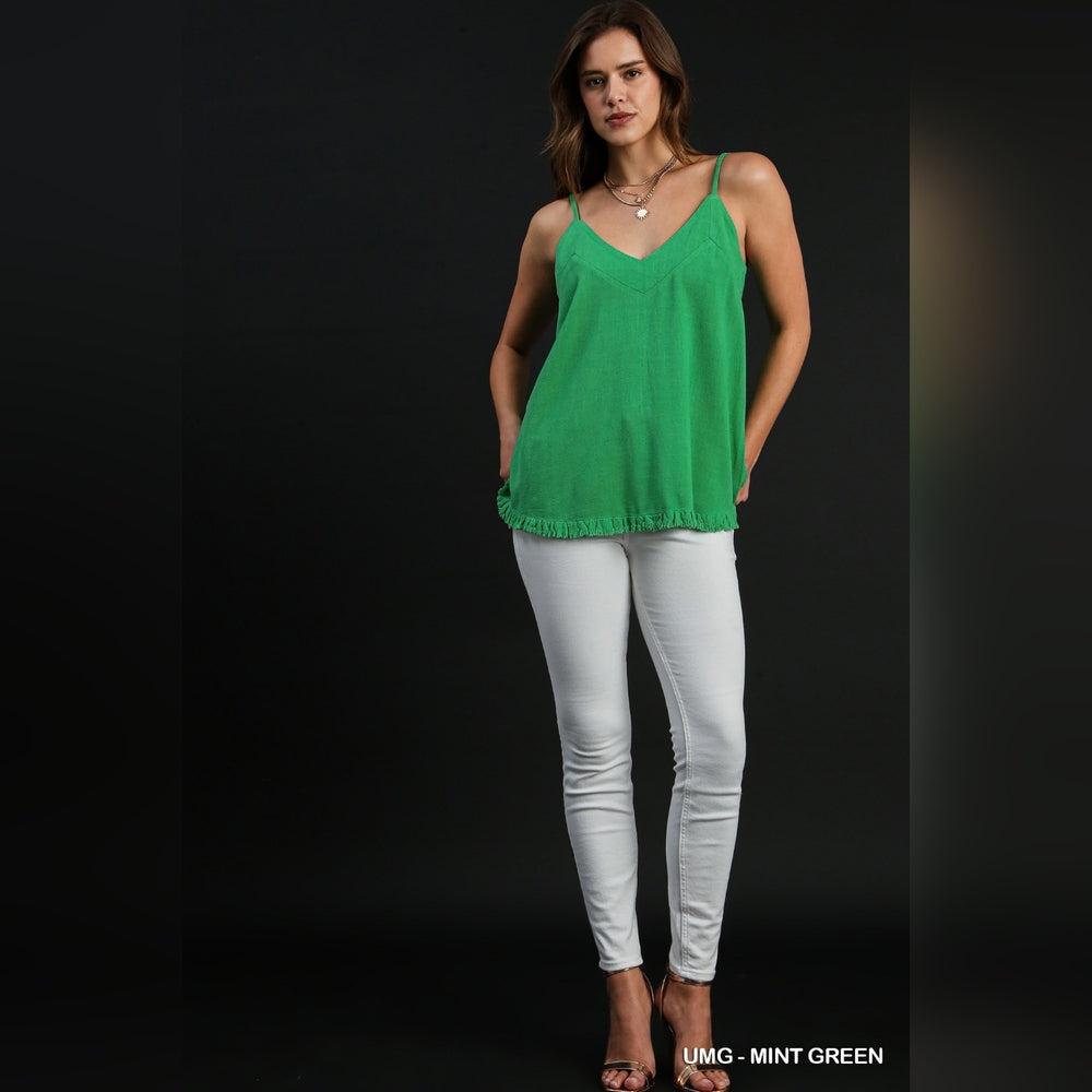 Cute Linen Blend V-Neck Tank Top w Ruffle Hem & Adjustable Spaghetti Straps