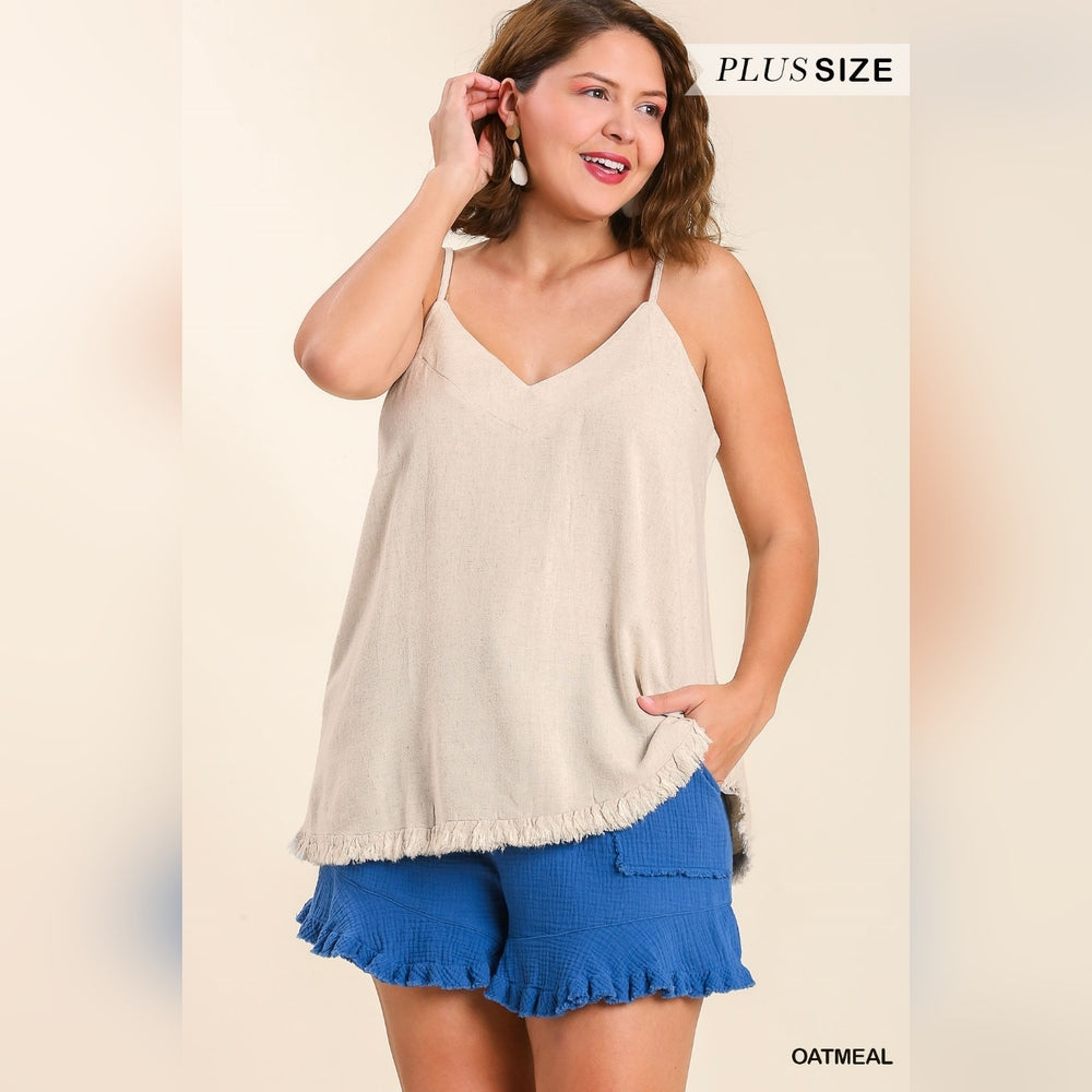 Cute Linen Blend V-Neck Tank Top w Ruffle Hem & Adjustable Spaghetti Straps