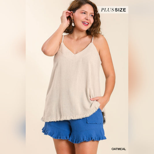 Cute Linen Blend V-Neck Tank Top w Ruffle Hem & Adjustable Spaghetti Straps