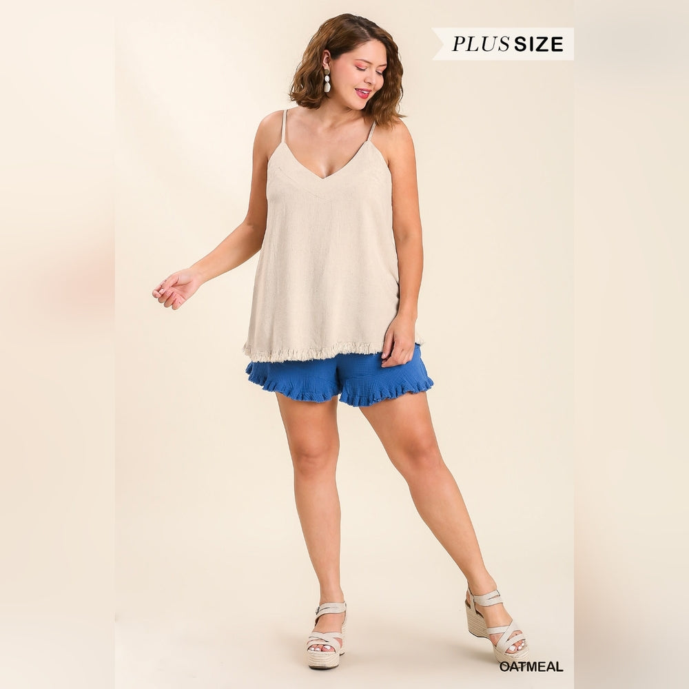 Cute Linen Blend V-Neck Tank Top w Ruffle Hem & Adjustable Spaghetti Straps
