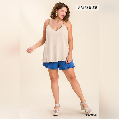 Cute Linen Blend V-Neck Tank Top w Ruffle Hem & Adjustable Spaghetti Straps