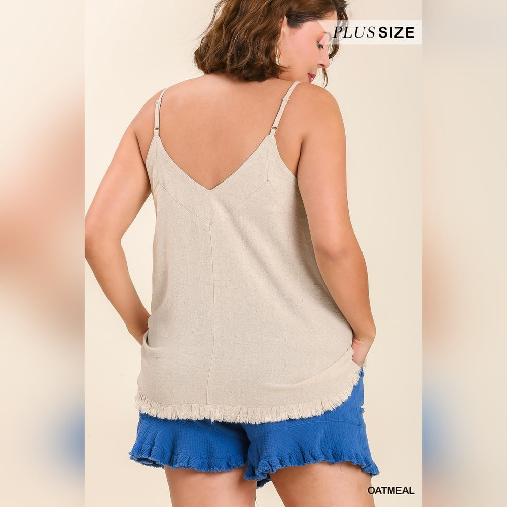 Cute Linen Blend V-Neck Tank Top w Ruffle Hem & Adjustable Spaghetti Straps