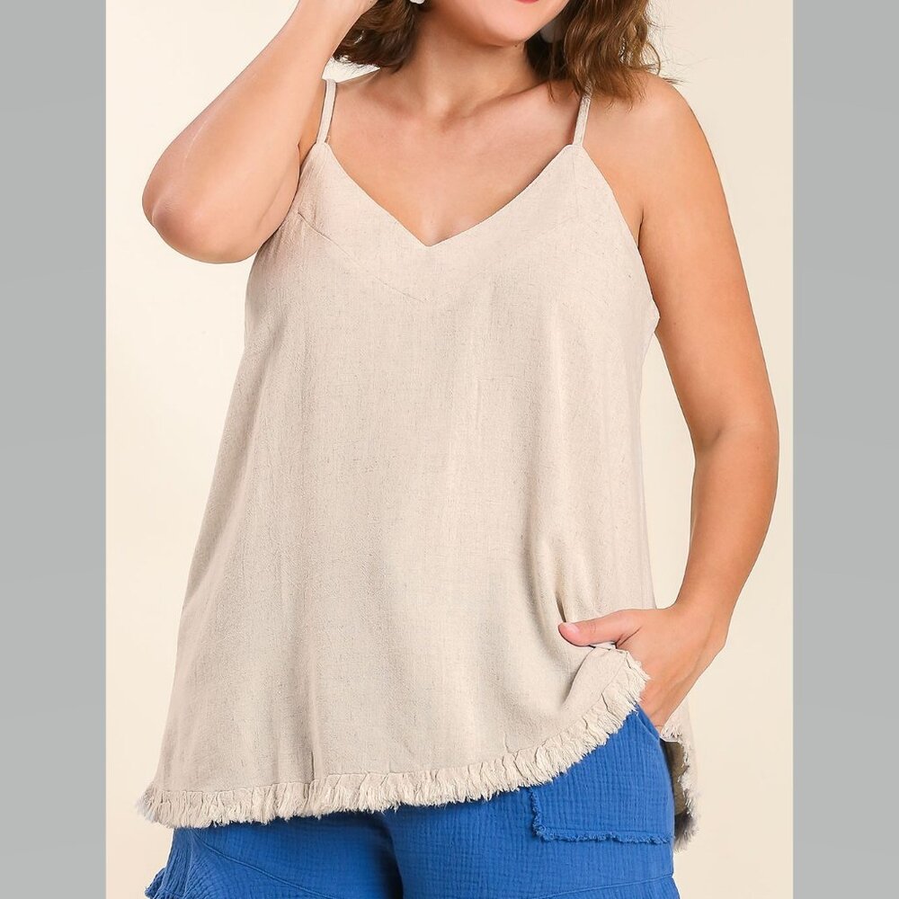 Cute Linen Blend V-Neck Tank Top w Ruffle Hem & Adjustable Spaghetti Straps