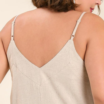 Cute Linen Blend V-Neck Tank Top w Ruffle Hem & Adjustable Spaghetti Straps