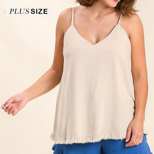 Cute Linen Blend V-Neck Tank Top w Ruffle Hem & Adjustable Spaghetti Straps