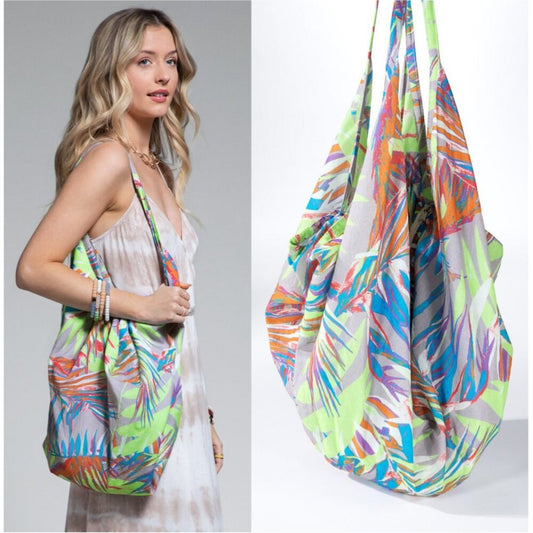 Boho Chic Beach Yoga Hobo Shoulder Bag - Multi Colored Tropical Palm Frond Print