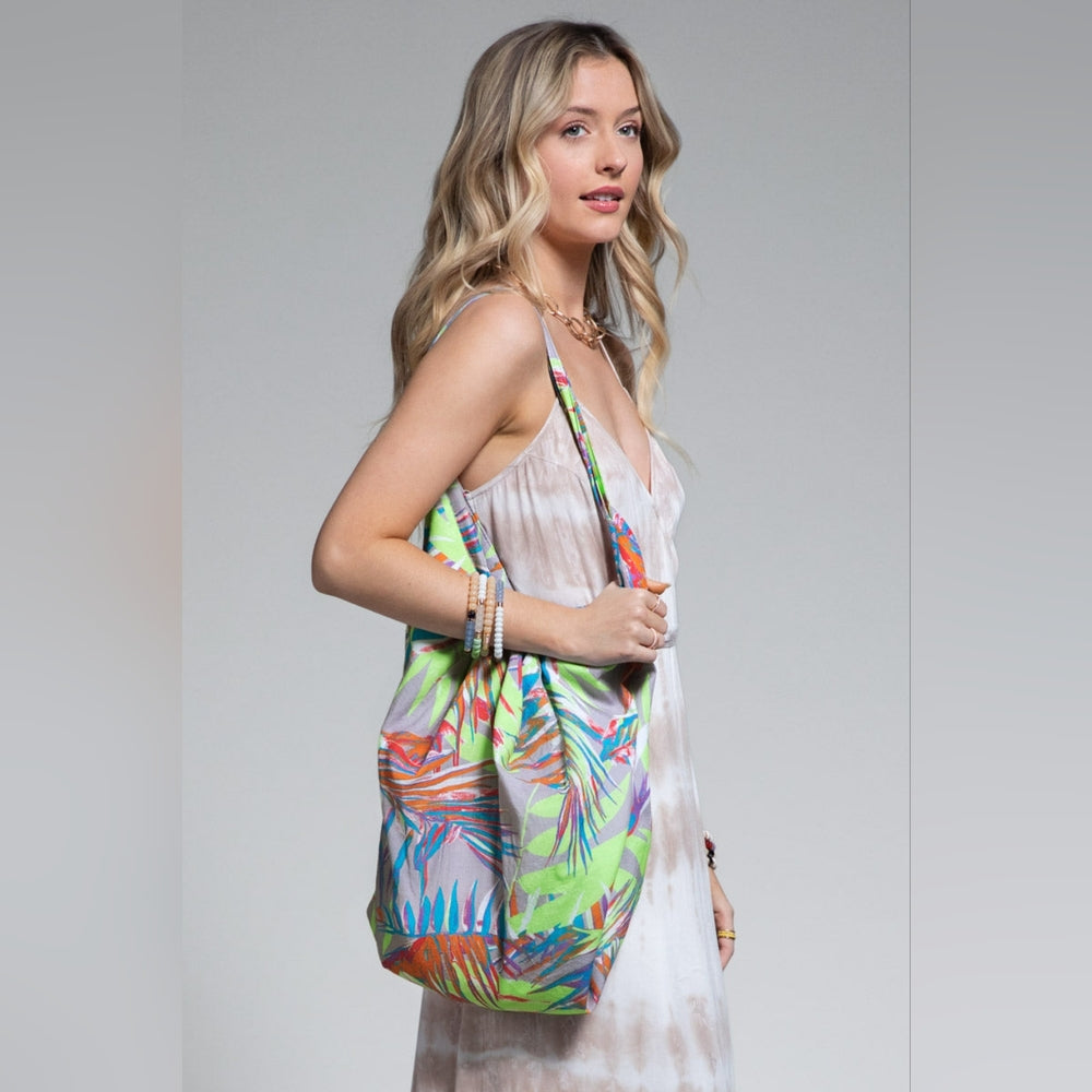 Boho Chic Beach Yoga Hobo Shoulder Bag - Multi Colored Tropical Palm Frond Print