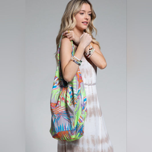 Boho Chic Beach Yoga Hobo Shoulder Bag - Multi Colored Tropical Palm Frond Print