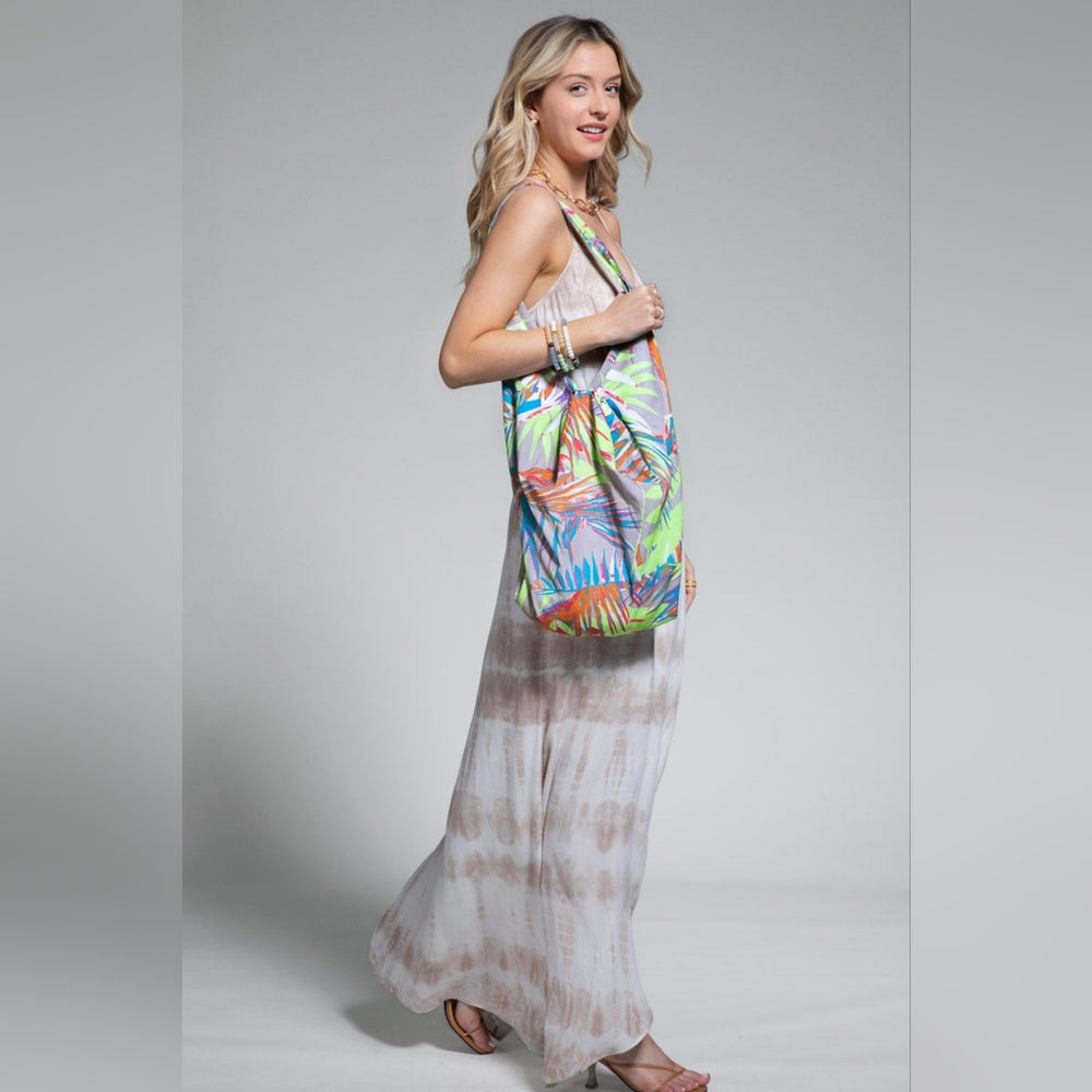 Boho Chic Beach Yoga Hobo Shoulder Bag - Multi Colored Tropical Palm Frond Print