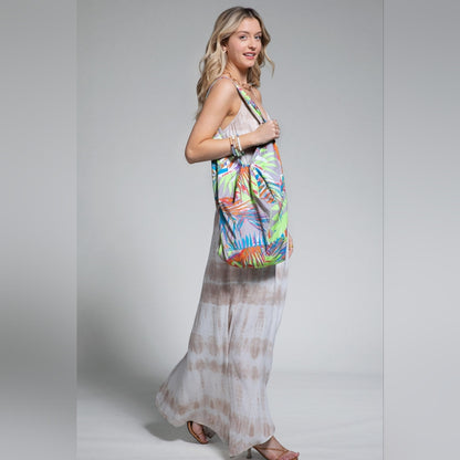 Boho Chic Beach Yoga Hobo Shoulder Bag - Multi Colored Tropical Palm Frond Print