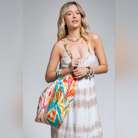 Boho Chic Beach Yoga Hobo Shoulder Bag - Multi Colored Abstract Ethnic Print