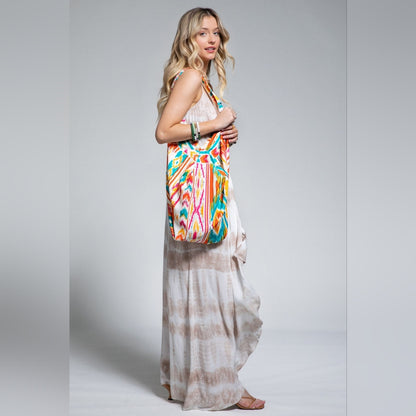 Boho Chic Beach Yoga Hobo Shoulder Bag - Multi Colored Abstract Ethnic Print