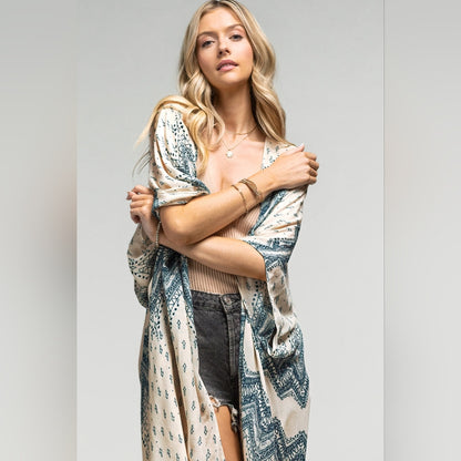 Blue Chevron Boho Kimono w/ Intricate Design Details & a Silk Like Material
