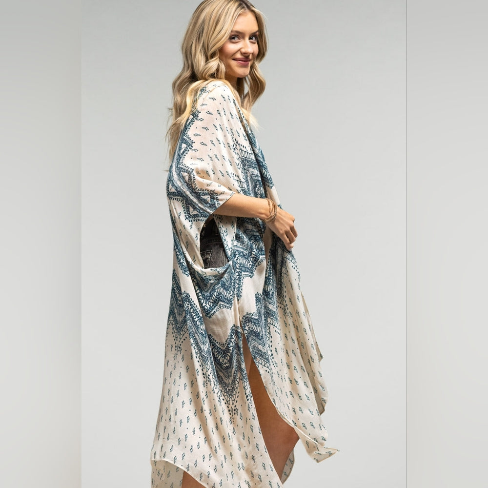 Blue Chevron Boho Kimono w/ Intricate Design Details & a Silk Like Material