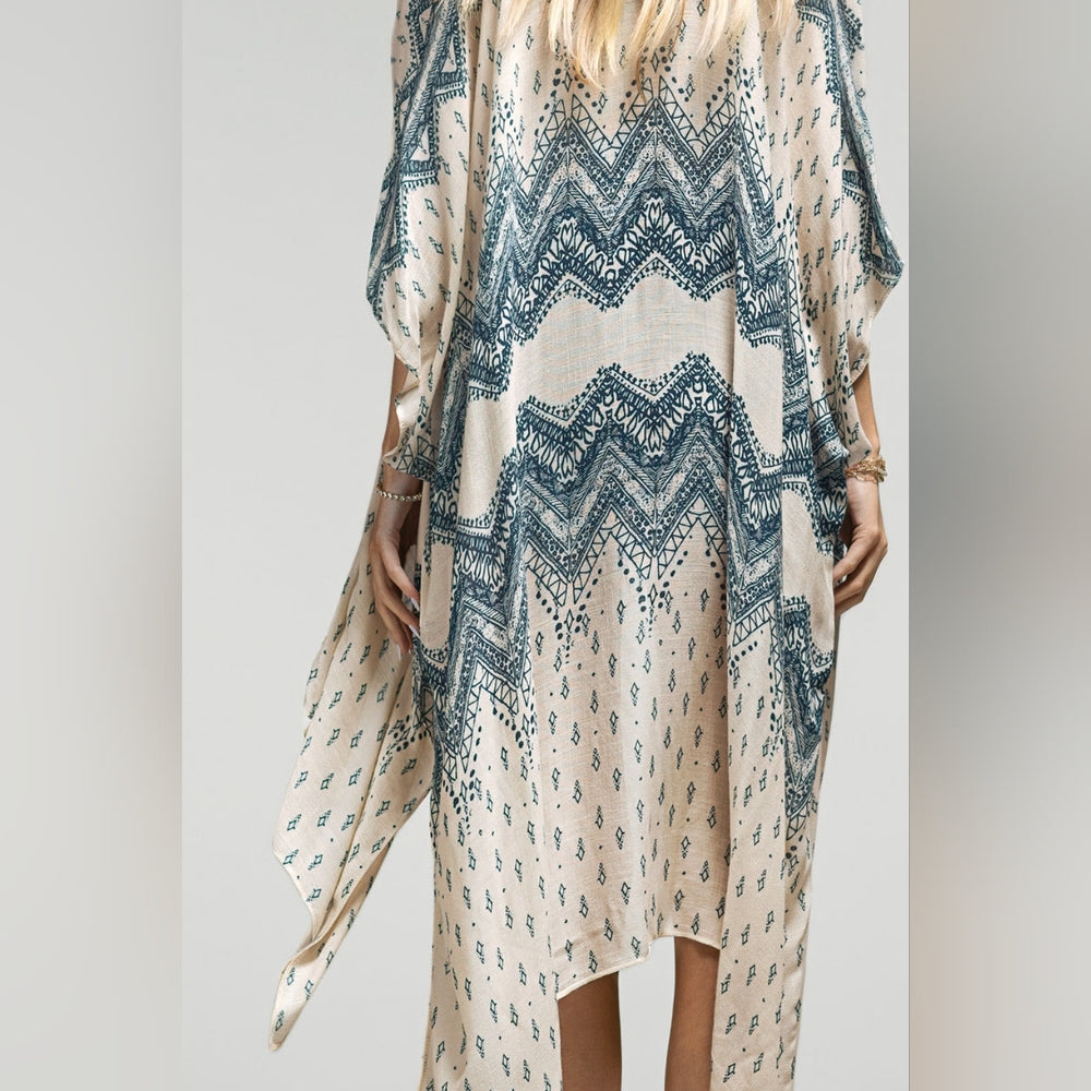 Blue Chevron Boho Kimono w/ Intricate Design Details & a Silk Like Material