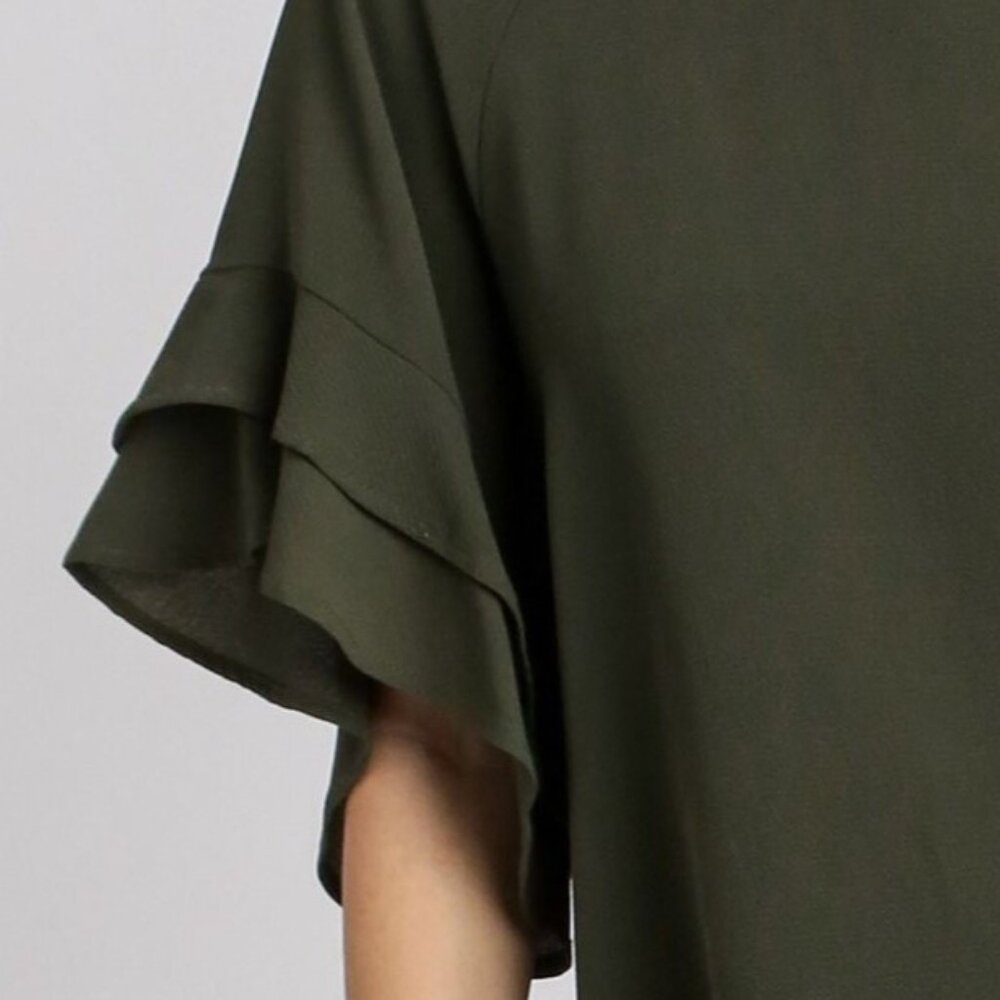 Layered Ruffle Sleeve Top / Blouse - Boxy Cut - Wide Round Neck - Olive Green