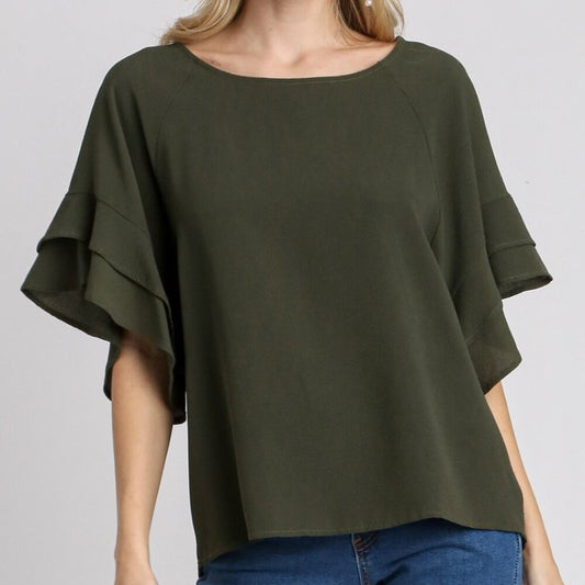 Layered Ruffle Sleeve Top / Blouse - Boxy Cut - Wide Round Neck - Olive Green