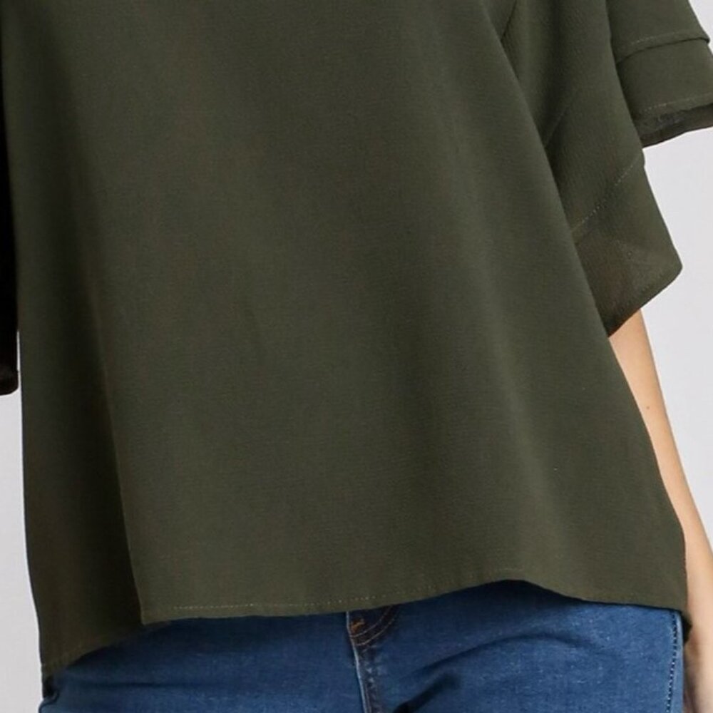 Layered Ruffle Sleeve Top / Blouse - Boxy Cut - Wide Round Neck - Olive Green