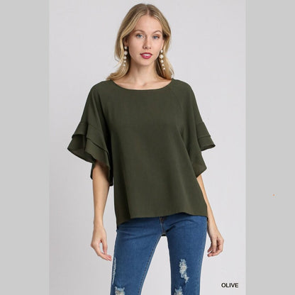 Layered Ruffle Sleeve Top / Blouse - Boxy Cut - Wide Round Neck - Olive Green