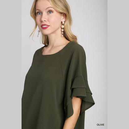 Layered Ruffle Sleeve Top / Blouse - Boxy Cut - Wide Round Neck - Olive Green