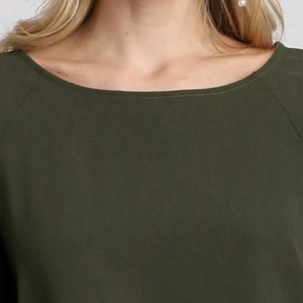 Layered Ruffle Sleeve Top / Blouse - Boxy Cut - Wide Round Neck - Olive Green