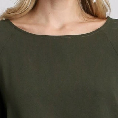 Layered Ruffle Sleeve Top / Blouse - Boxy Cut - Wide Round Neck - Olive Green