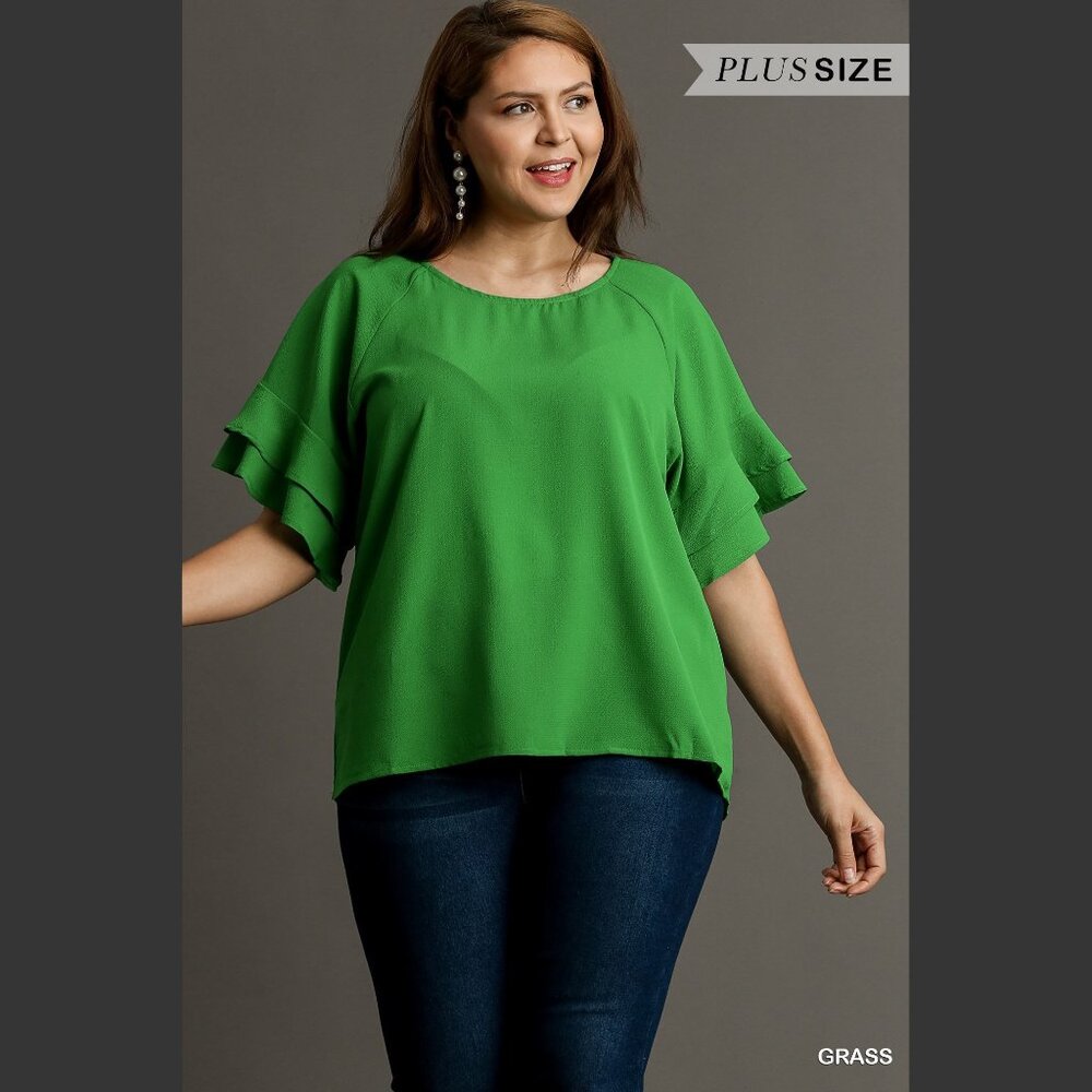 Layered Ruffle Sleeve Top / Blouse - Boxy Cut - Wide Round Neck - Grass Green