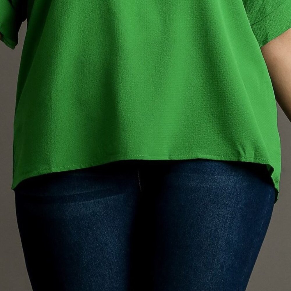 Layered Ruffle Sleeve Top / Blouse - Boxy Cut - Wide Round Neck - Grass Green