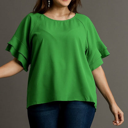 Layered Ruffle Sleeve Top / Blouse - Boxy Cut - Wide Round Neck - Grass Green
