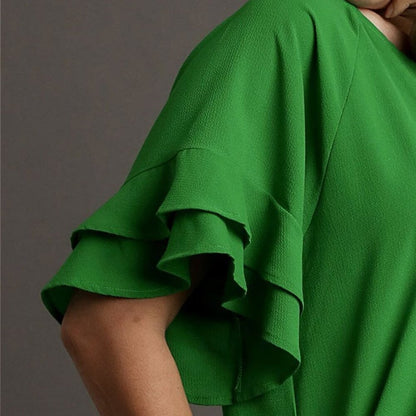 Layered Ruffle Sleeve Top / Blouse - Boxy Cut - Wide Round Neck - Grass Green