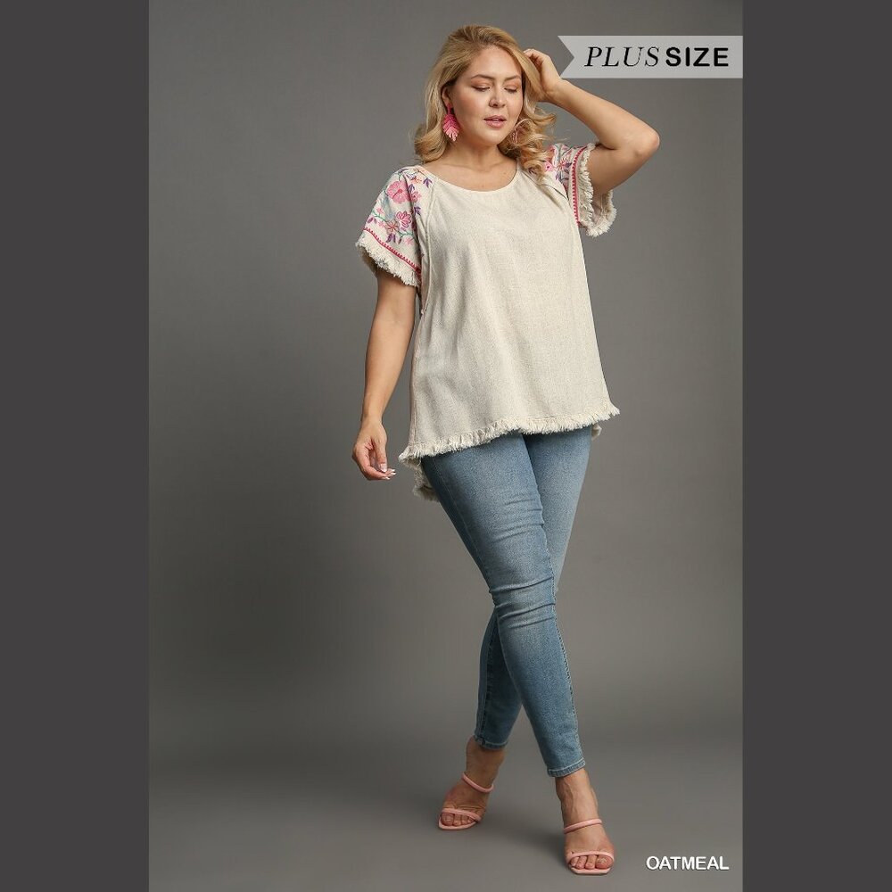 Embroidered Sleeves Linen Cotton Blend Round Neck w/ Frayed High Low Hem