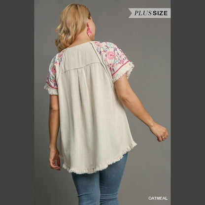 Embroidered Sleeves Linen Cotton Blend Round Neck w/ Frayed High Low Hem