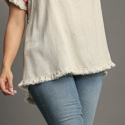 Embroidered Sleeves Linen Cotton Blend Round Neck w/ Frayed High Low Hem