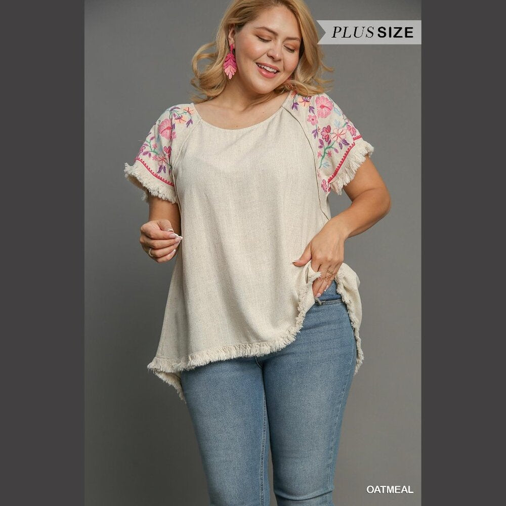 Embroidered Sleeves Linen Cotton Blend Round Neck w/ Frayed High Low Hem