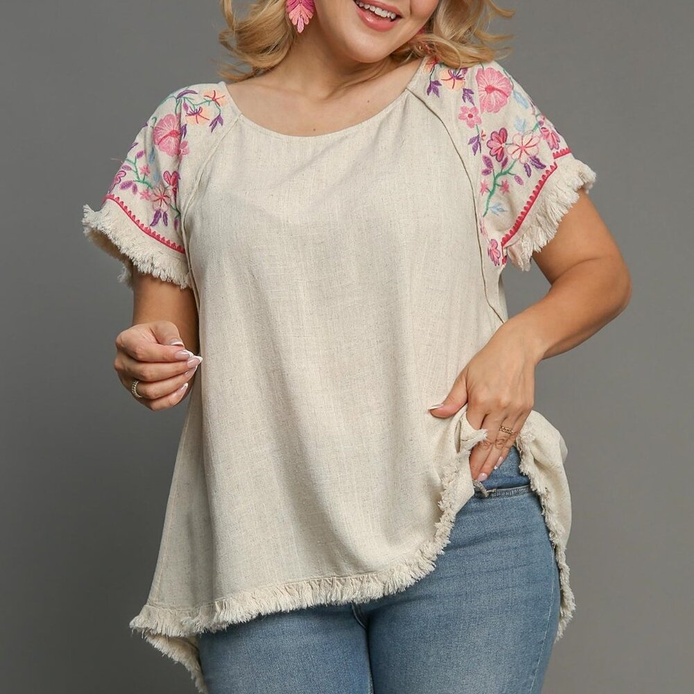 Embroidered Sleeves Linen Cotton Blend Round Neck w/ Frayed High Low Hem