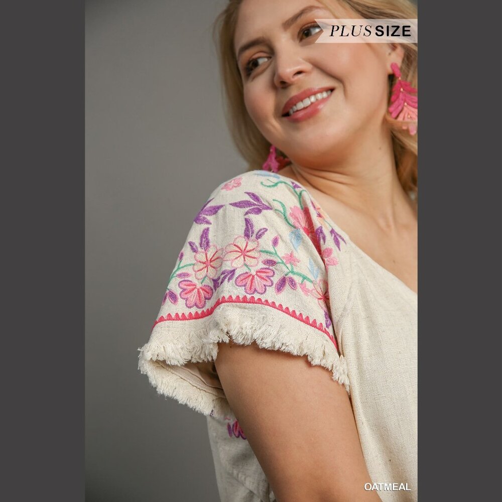 Embroidered Sleeves Linen Cotton Blend Round Neck w/ Frayed High Low Hem