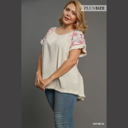 Embroidered Sleeves Linen Cotton Blend Round Neck w/ Frayed High Low Hem