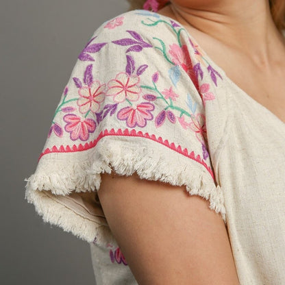 Embroidered Sleeves Linen Cotton Blend Round Neck w/ Frayed High Low Hem