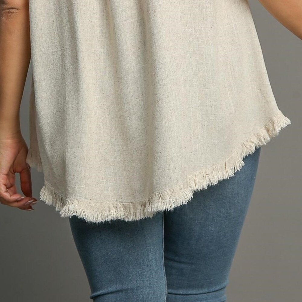 Embroidered Sleeves Linen Cotton Blend Round Neck w/ Frayed High Low Hem