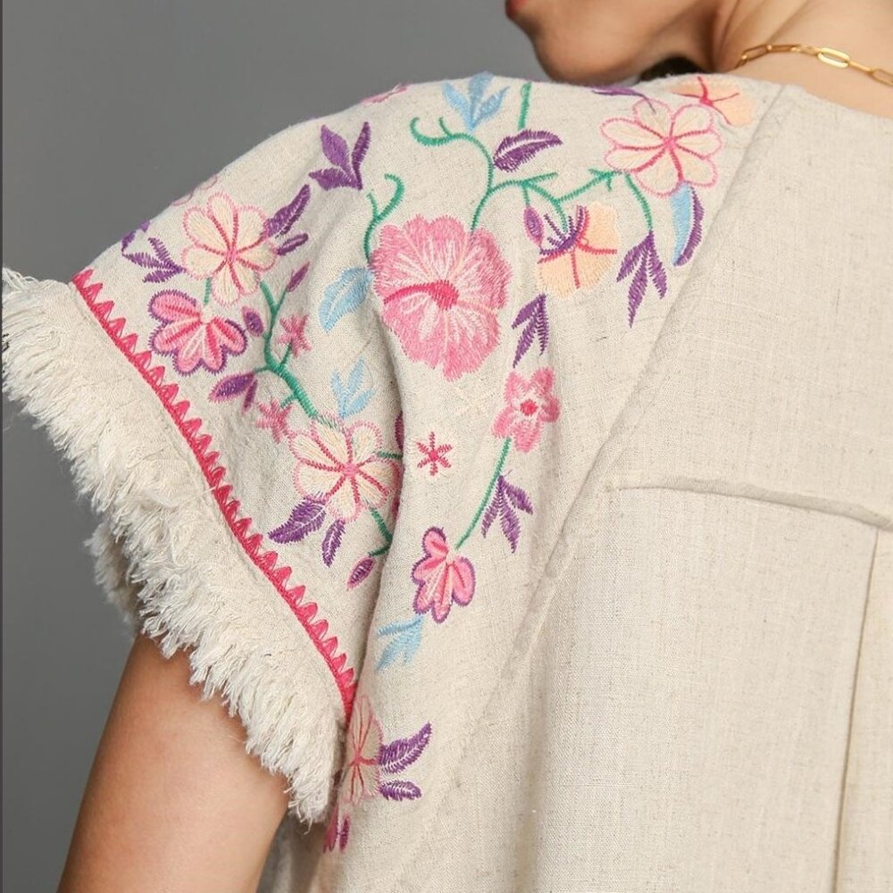 Embroidered Sleeves Linen Cotton Blend Round Neck w/ Frayed High Low Hem