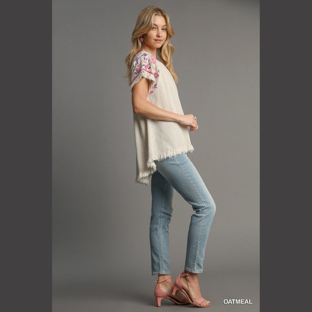 Embroidered Sleeves Linen Cotton Blend Round Neck w/ Frayed High Low Hem