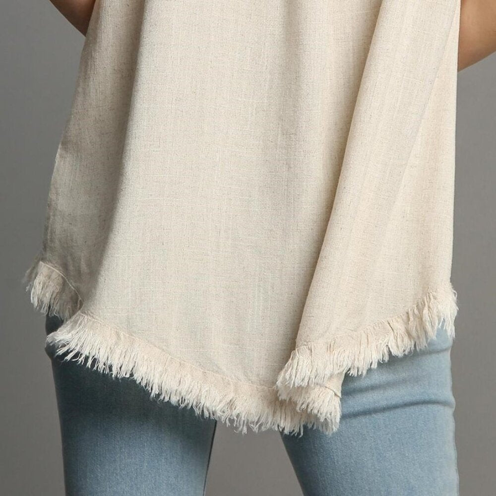Embroidered Sleeves Linen Cotton Blend Round Neck w/ Frayed High Low Hem