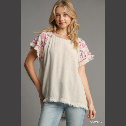 Embroidered Sleeves Linen Cotton Blend Round Neck w/ Frayed High Low Hem
